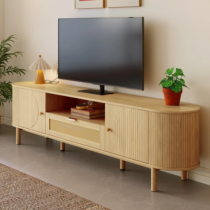Meuble TV effet bois claire ovale tiroir en rotin 2 portes coulissantes 175x36x51cm ALIGNENO