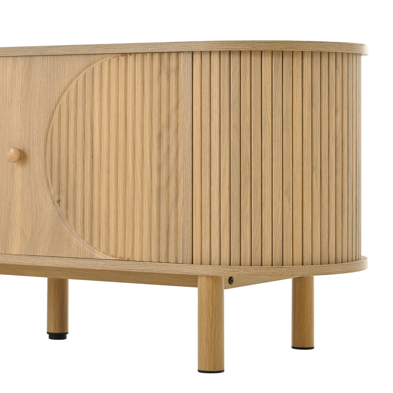 Meuble TV effet bois claire ovale tiroir en rotin 2 portes coulissantes 175x36x51cm ALIGNENO