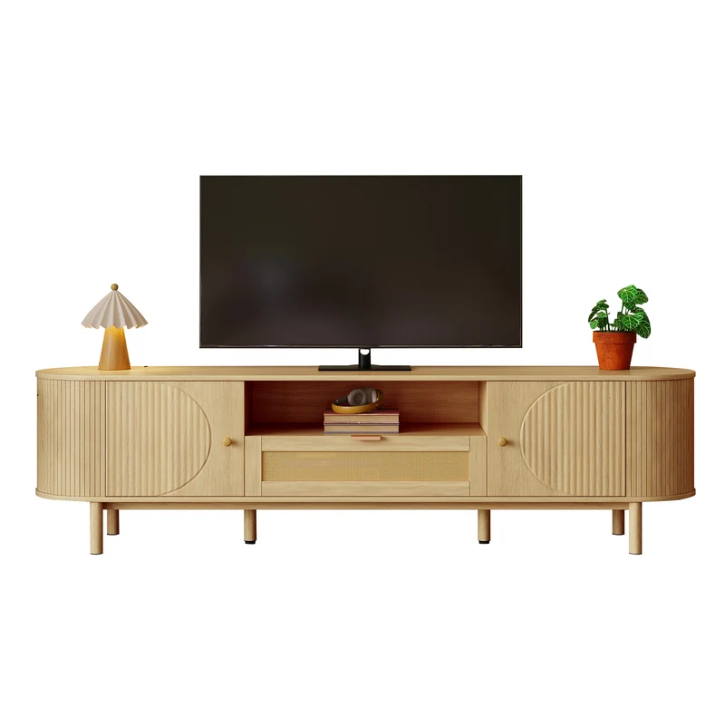 Meuble TV effet bois claire ovale tiroir en rotin 2 portes coulissantes 175x36x51cm ALIGNENO