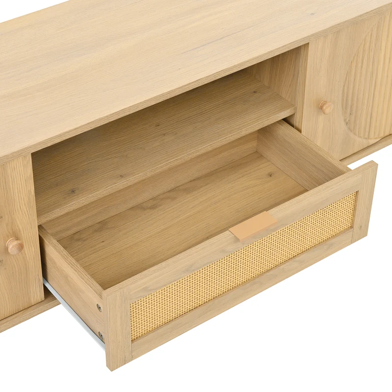 Meuble TV effet bois claire ovale tiroir en rotin 2 portes coulissantes 175x36x51cm ALIGNENO