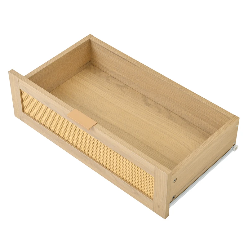 Meuble TV effet bois claire ovale tiroir en rotin 2 portes coulissantes 175x36x51cm ALIGNENO
