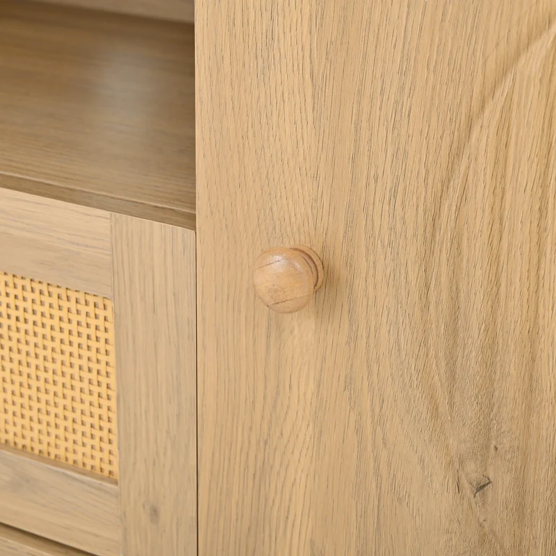 Meuble TV effet bois claire ovale tiroir en rotin 2 portes coulissantes 175x36x51cm ALIGNENO