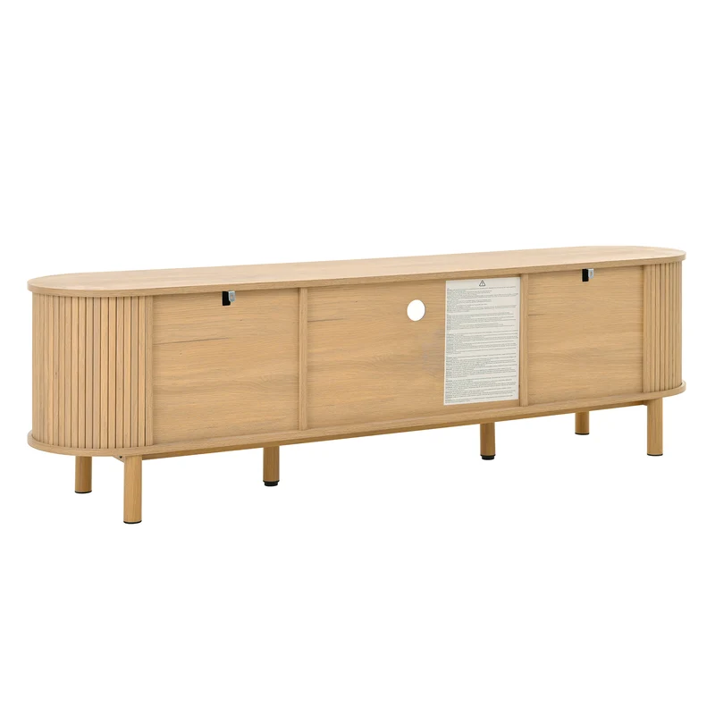 Meuble TV effet bois claire ovale tiroir en rotin 2 portes coulissantes 175x36x51cm ALIGNENO