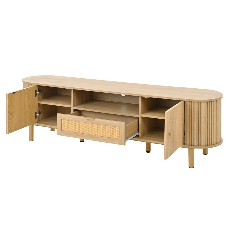 Meuble TV effet bois claire ovale tiroir en rotin 2 portes coulissantes 175x36x51cm ALIGNENO