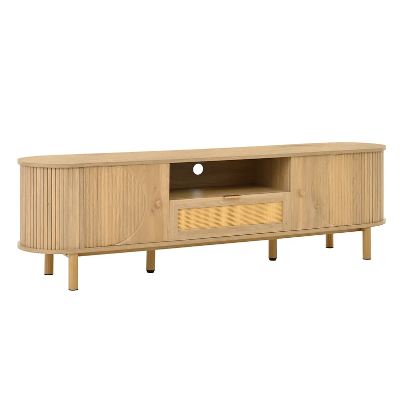 Meuble TV effet bois claire ovale tiroir en rotin 2 portes coulissantes 175x36x51cm ALIGNENO