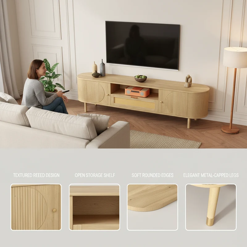Meuble TV effet bois claire ovale tiroir en rotin 2 portes coulissantes 175x36x51cm ALIGNENO