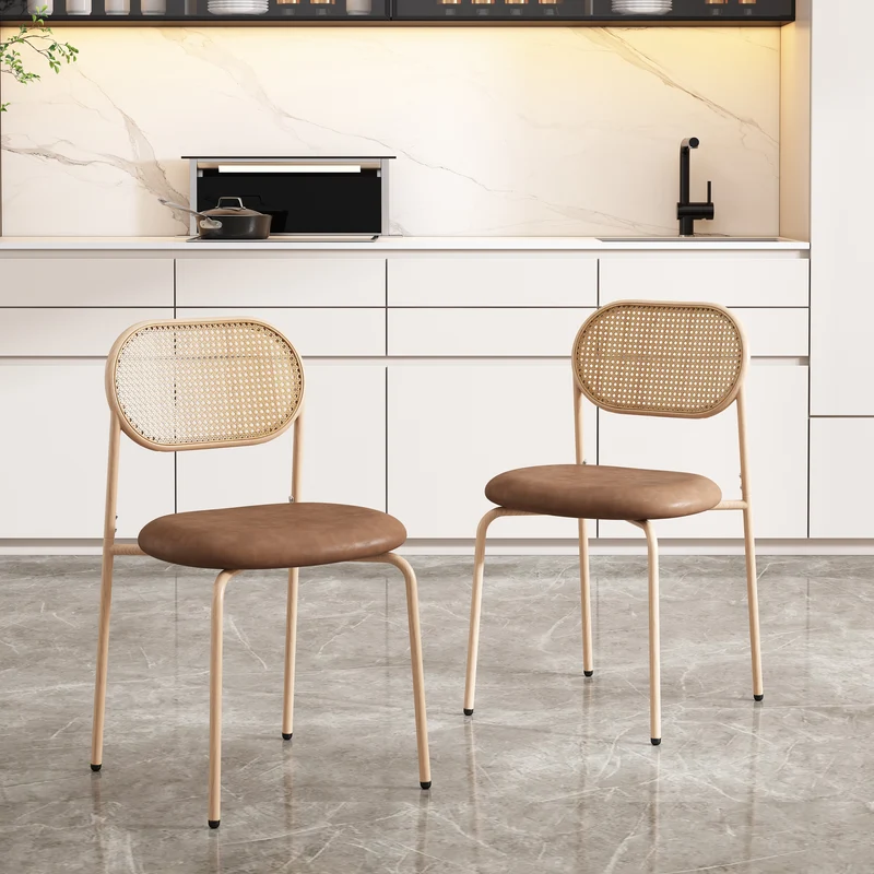 Lot de 2 chaises de salle à manger PU beige en rotin pieds en métal VERTEXIX