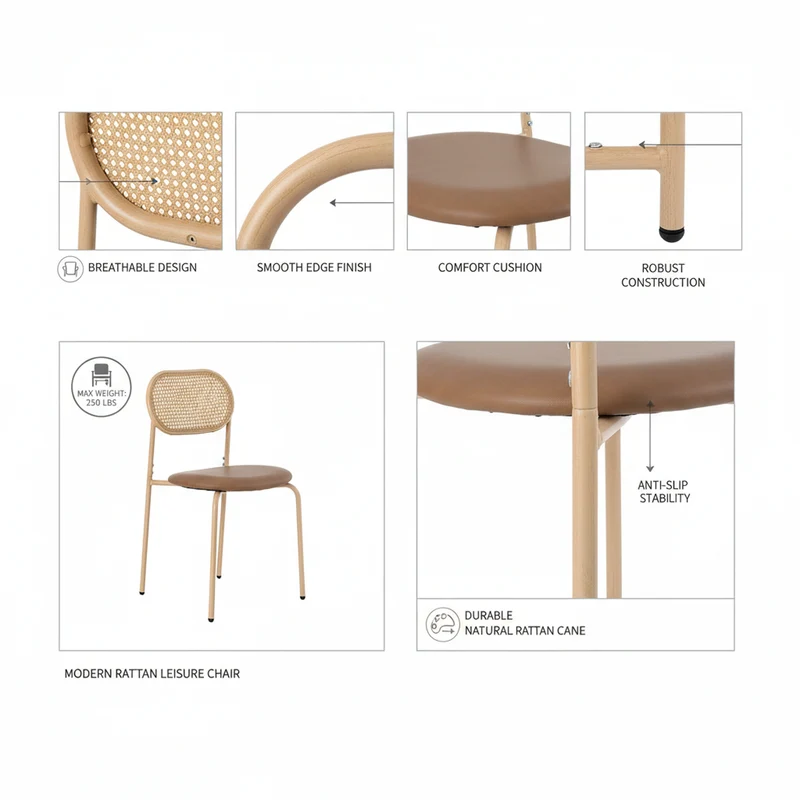 Lot de 2 chaises de salle à manger PU beige en rotin pieds en métal VERTEXIX