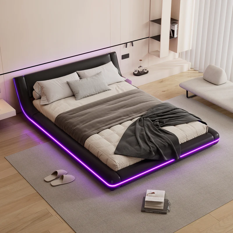 Lit double plateforme PU noir avec éclairage LED 140x200 cm LUNALA