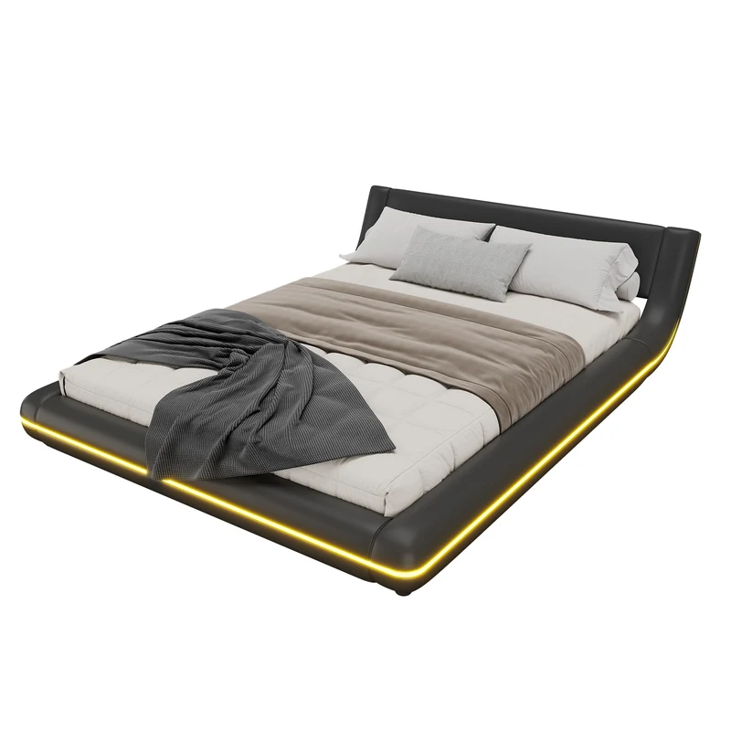 Lit double plateforme PU noir avec éclairage LED 140x200 cm LUNALA