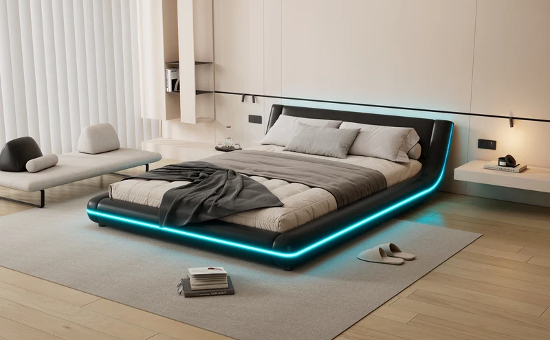 Lit double plateforme PU noir avec éclairage LED 140x200 cm LUNALA