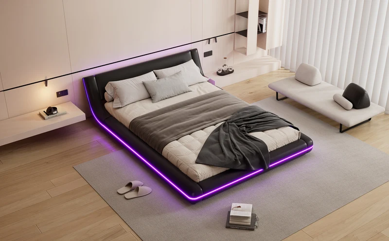 Lit double plateforme PU noir avec éclairage LED 140x200 cm LUNALA