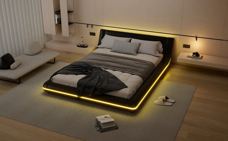 Lit double plateforme PU noir avec éclairage LED 140x200 cm LUNALA
