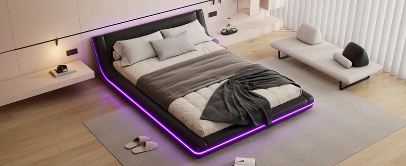 Lit double plateforme PU noir avec éclairage LED 140x200 cm LUNALA