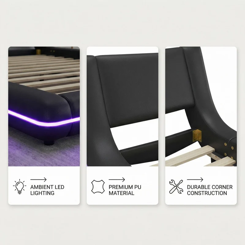 Lit double plateforme PU noir avec éclairage LED 140x200 cm LUNALA
