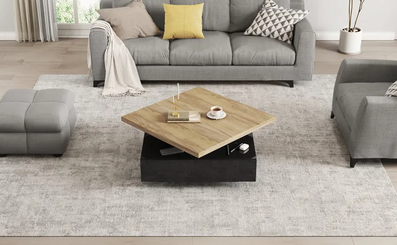 Table basse carrée effet bois et noir pivotante 360° 2 niveaux, design moderne 70x70cm AFTERFEATHER