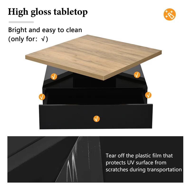 Table basse carrée effet bois et noir pivotante 360° 2 niveaux, design moderne 70x70cm AFTERFEATHER