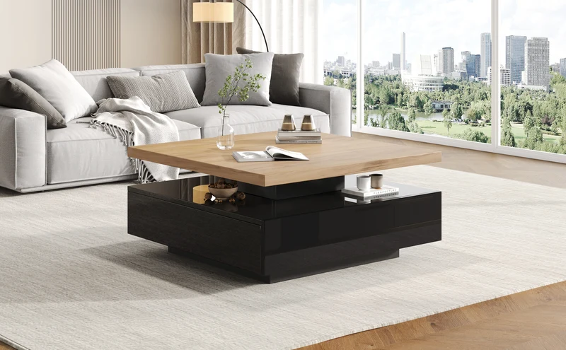 Table basse carrée effet bois et noir pivotante 360° 2 niveaux, design moderne 70x70cm AFTERFEATHER