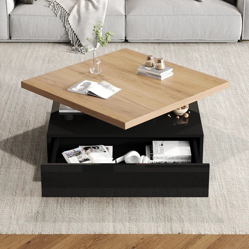 Table basse carrée effet bois et noir pivotante 360° 2 niveaux, design moderne 70x70cm AFTERFEATHER