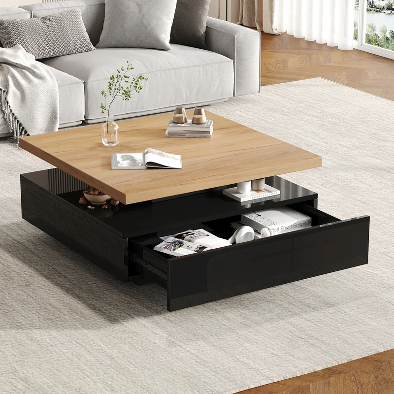 Table basse carrée effet bois et noir pivotante 360° 2 niveaux, design moderne 70x70cm AFTERFEATHER