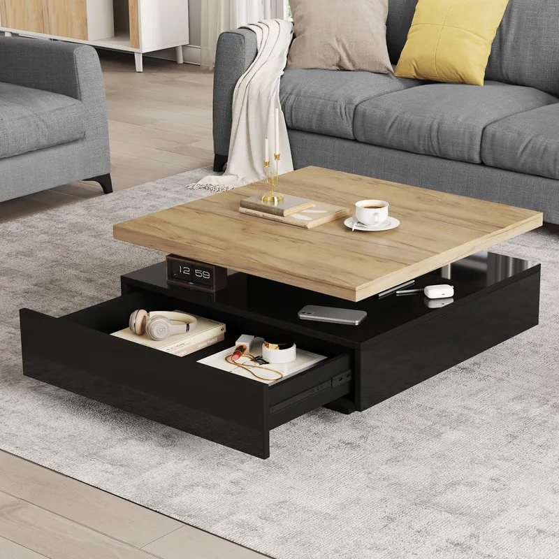 Table basse carrée effet bois et noir pivotante 360° 2 niveaux, design moderne 70x70cm AFTERFEATHER