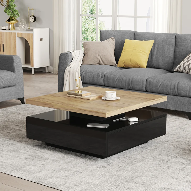 Table basse carrée effet bois et noir pivotante 360° 2 niveaux, design moderne 70x70cm AFTERFEATHER