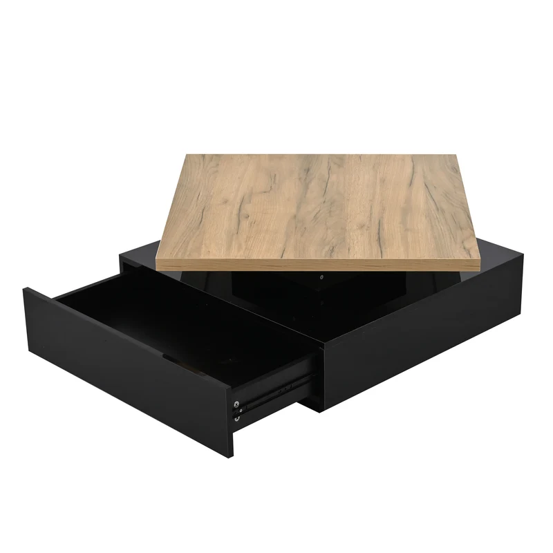 Table basse carrée effet bois et noir pivotante 360° 2 niveaux, design moderne 70x70cm AFTERFEATHER