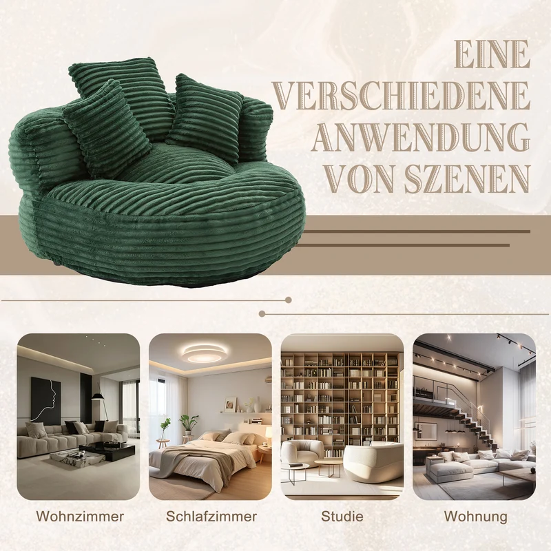 Canapé chauffeuse fauteuil rond en velours côtelé chenille vert olive fauteuil lounge KAMECONE