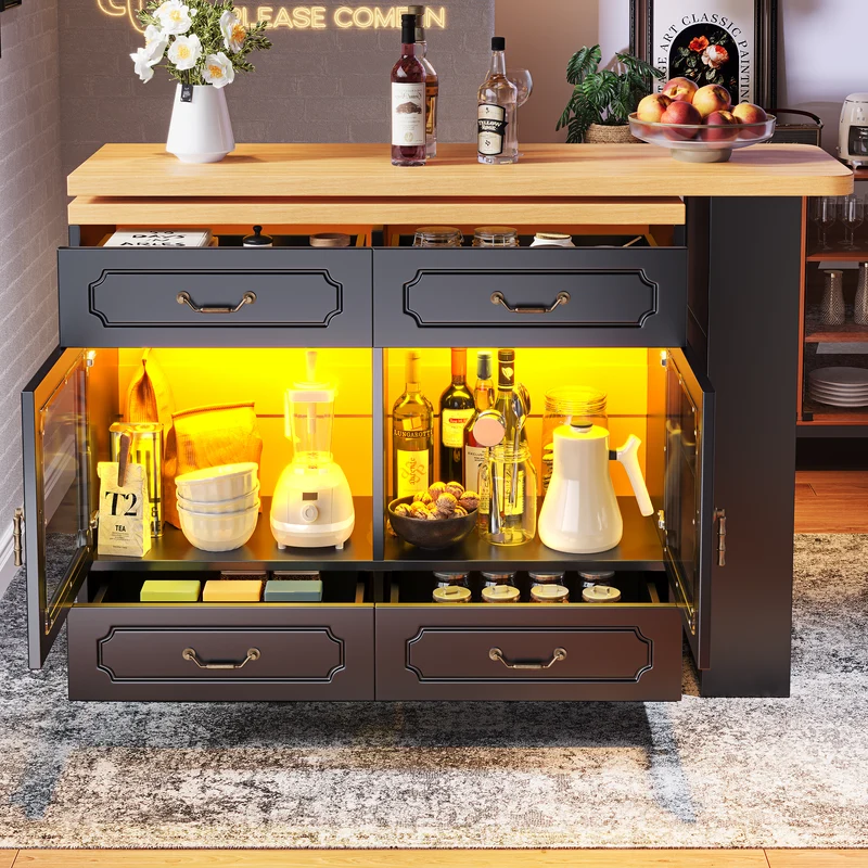Table de bar extensible rotatif 360° avec LED 135-203*39*92.8cm RIFTZORATHYN