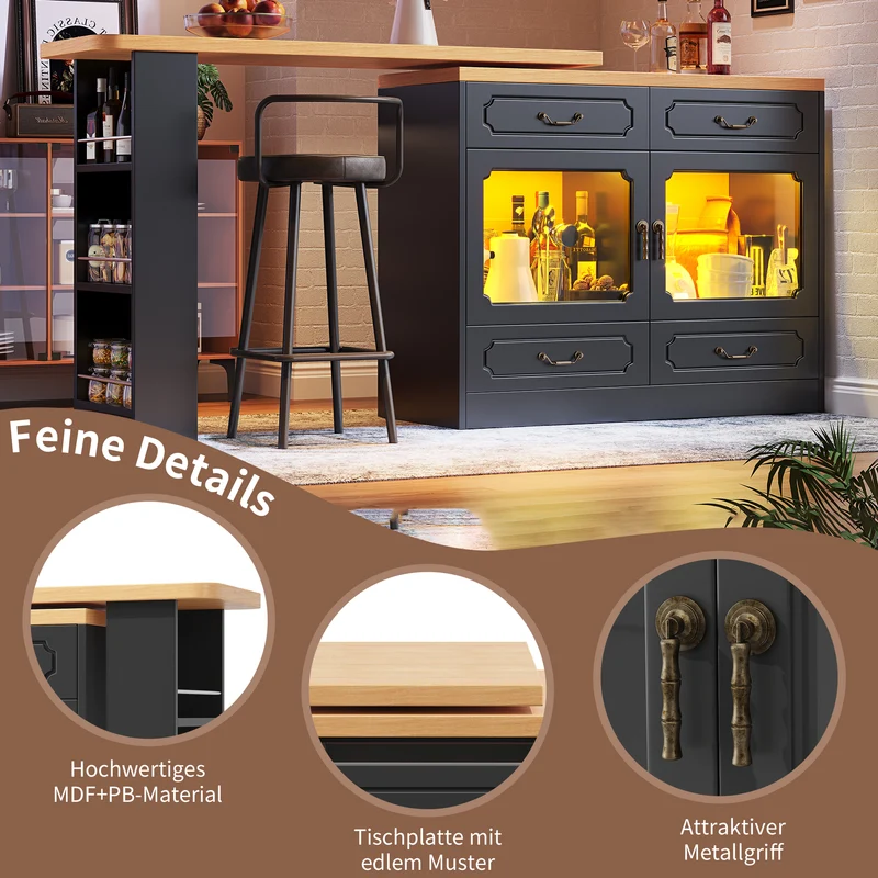Table de bar extensible rotatif 360° avec LED 135-203*39*92.8cm RIFTZORATHYN