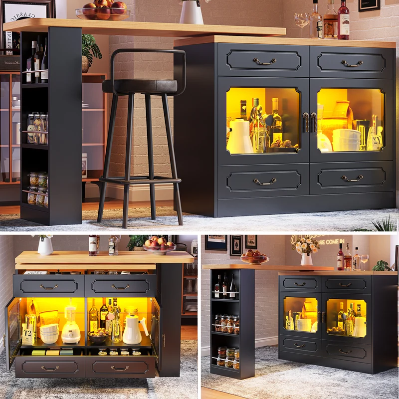 Table de bar extensible rotatif 360° avec LED 135-203*39*92.8cm RIFTZORATHYN