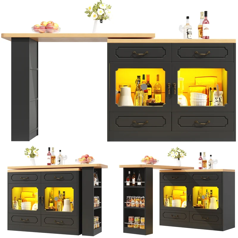 Table de bar extensible rotatif 360° avec LED 135-203*39*92.8cm RIFTZORATHYN