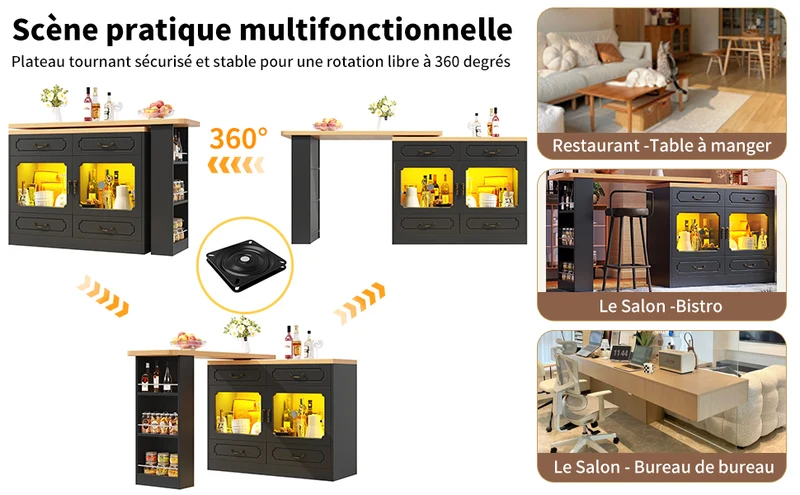 Table de bar extensible rotatif 360° avec LED 135-203*39*92.8cm RIFTZORATHYN