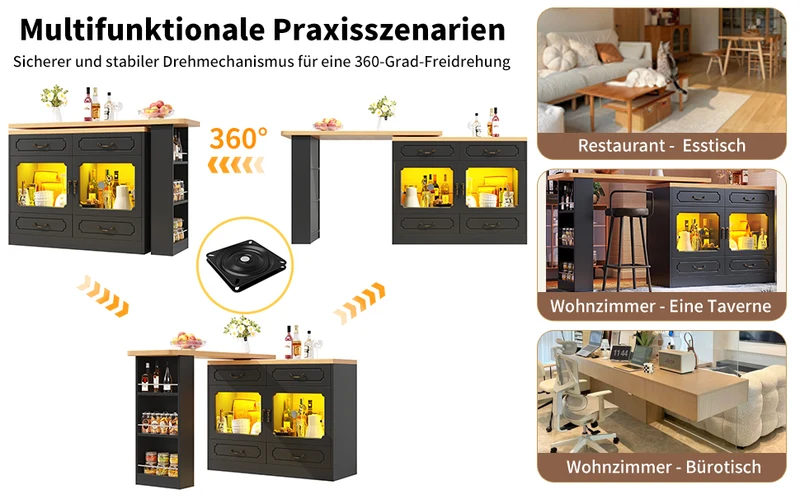 Table de bar extensible rotatif 360° avec LED 135-203*39*92.8cm RIFTZORATHYN