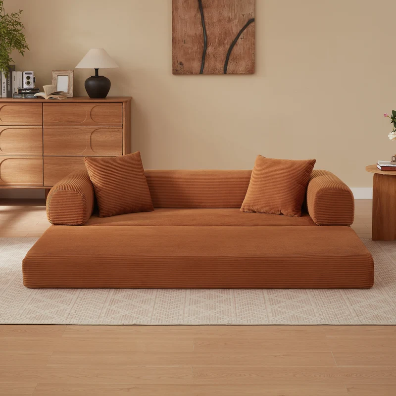 Canapé 3 places modulable sans armature, convertible en lit, velours terracotta, style tatami 195x89x59cm MERIDIANZYN