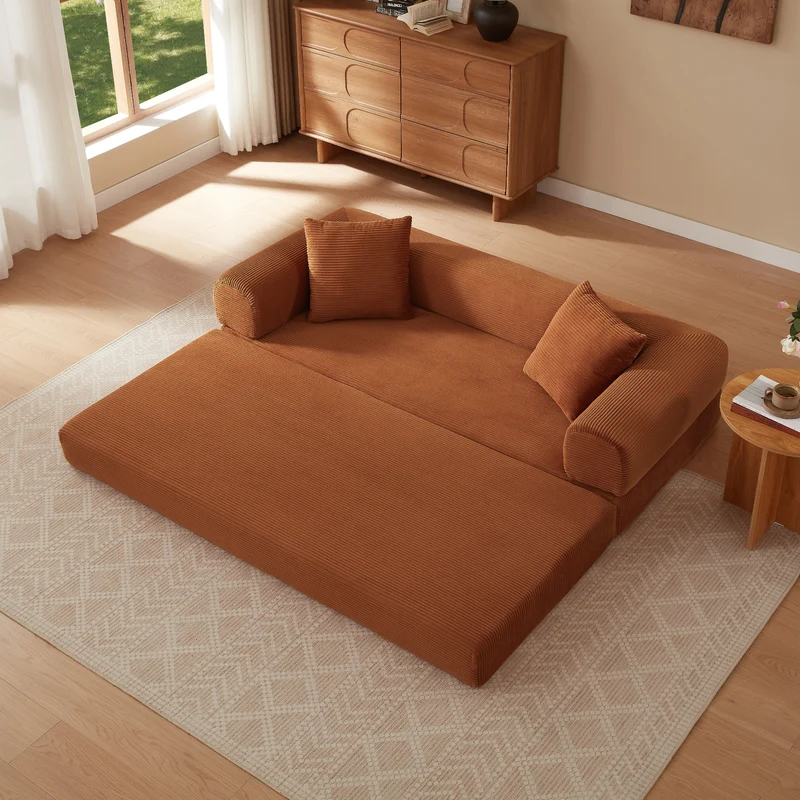 Canapé 3 places modulable sans armature, convertible en lit, velours terracotta, style tatami 195x89x59cm MERIDIANZYN