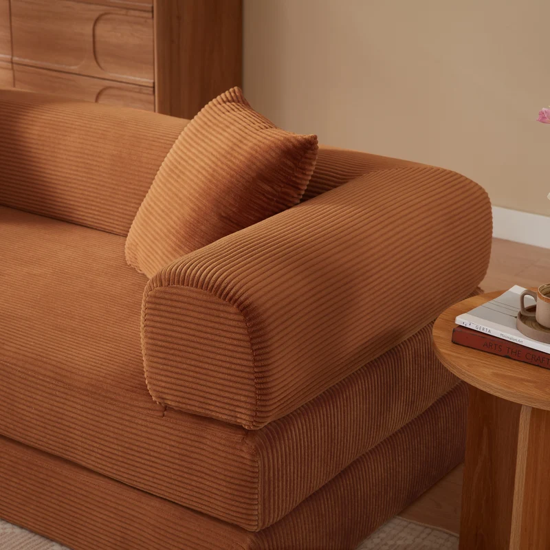 Canapé 3 places modulable sans armature, convertible en lit, velours terracotta, style tatami 195x89x59cm MERIDIANZYN