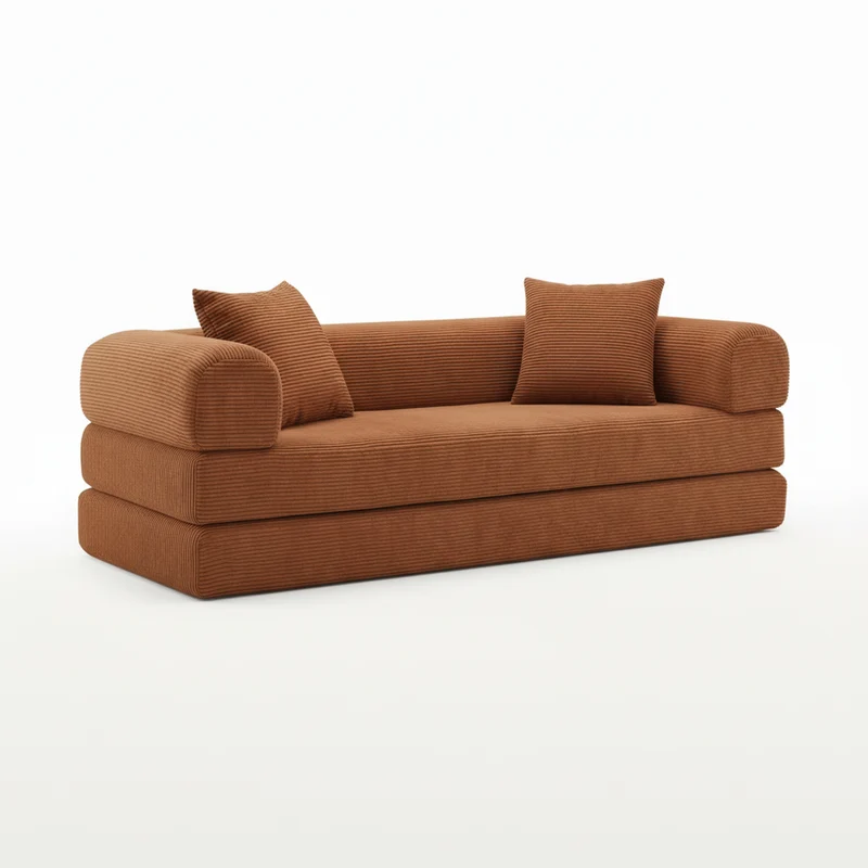 Canapé 3 places modulable sans armature, convertible en lit, velours terracotta, style tatami 195x89x59cm MERIDIANZYN