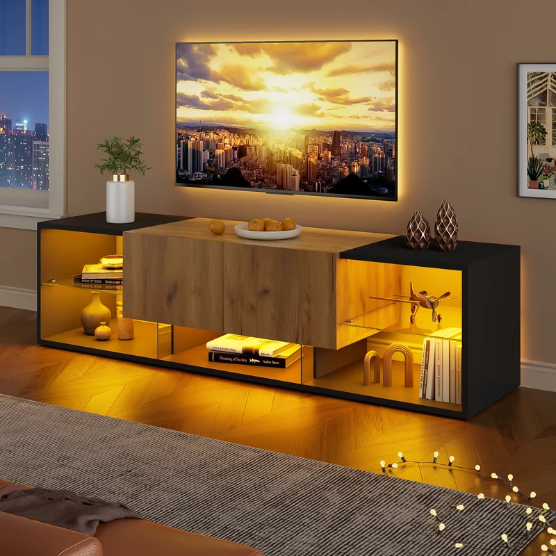 Meuble TV effet bois et noir avec éclairage LED, plateau en verre 160x40x42cm CYCLOID