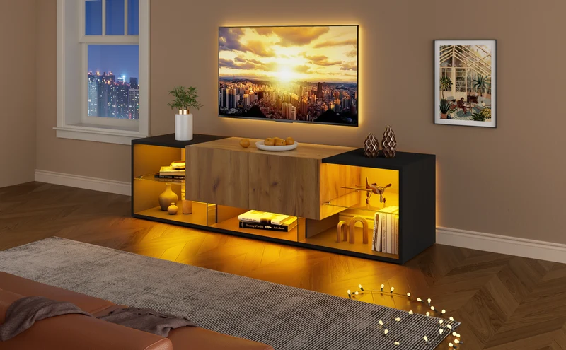 Meuble TV effet bois et noir avec éclairage LED, plateau en verre 160x40x42cm CYCLOID