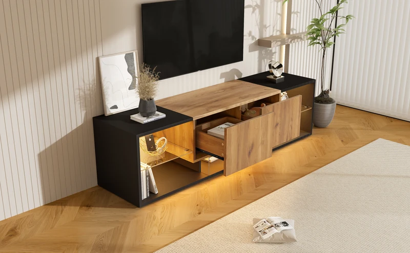 Meuble TV effet bois et noir avec éclairage LED, plateau en verre 160x40x42cm CYCLOID