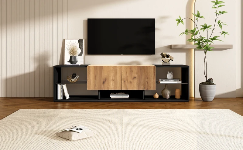 Meuble TV effet bois et noir avec éclairage LED, plateau en verre 160x40x42cm CYCLOID