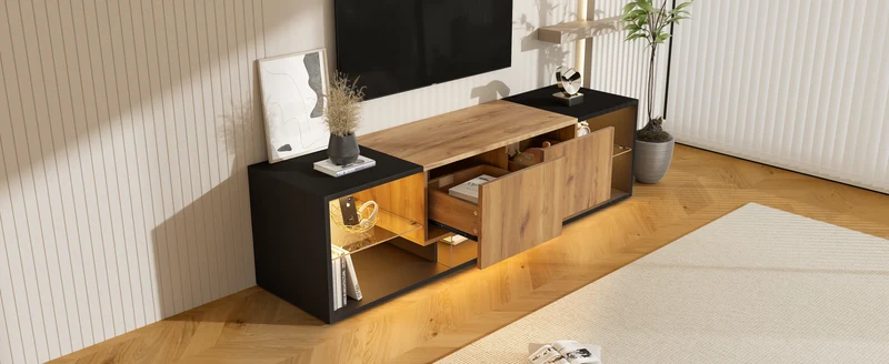 Meuble TV effet bois et noir avec éclairage LED, plateau en verre 160x40x42cm CYCLOID