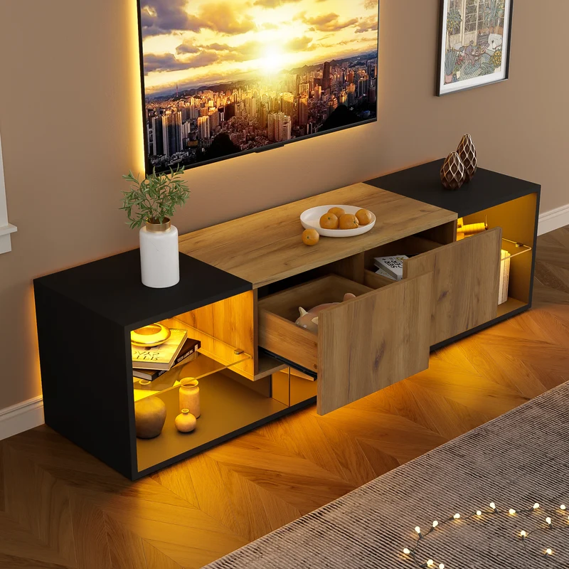 Meuble TV effet bois et noir avec éclairage LED, plateau en verre 160x40x42cm CYCLOID
