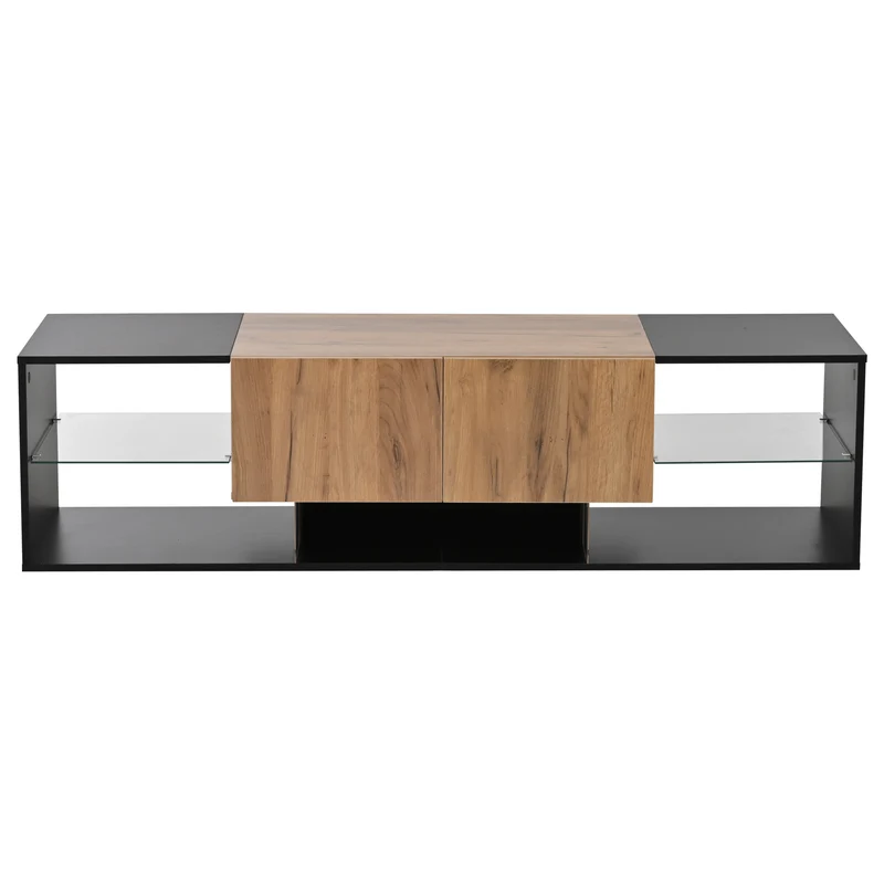 Meuble TV effet bois et noir avec éclairage LED, plateau en verre 160x40x42cm CYCLOID
