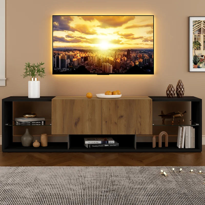 Meuble TV effet bois et noir avec éclairage LED, plateau en verre 160x40x42cm CYCLOID