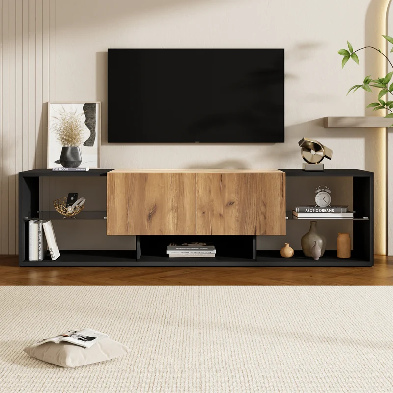 Meuble TV effet bois et noir avec éclairage LED, plateau en verre 160x40x42cm CYCLOID