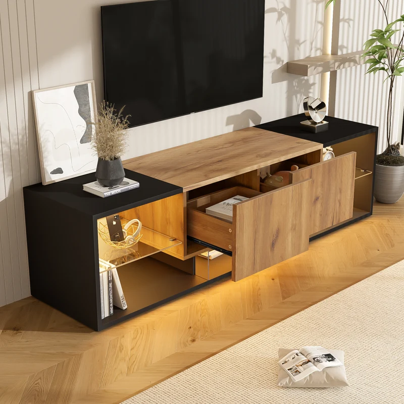 Meuble TV effet bois et noir avec éclairage LED, plateau en verre 160x40x42cm CYCLOID