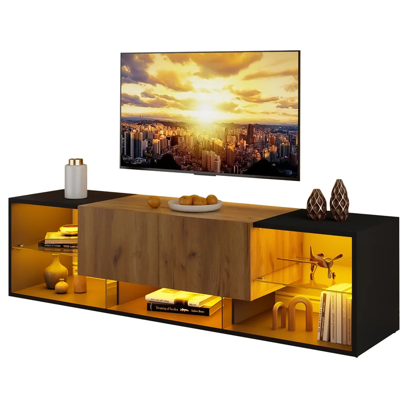 Meuble TV effet bois et noir avec éclairage LED, plateau en verre 160x40x42cm CYCLOID