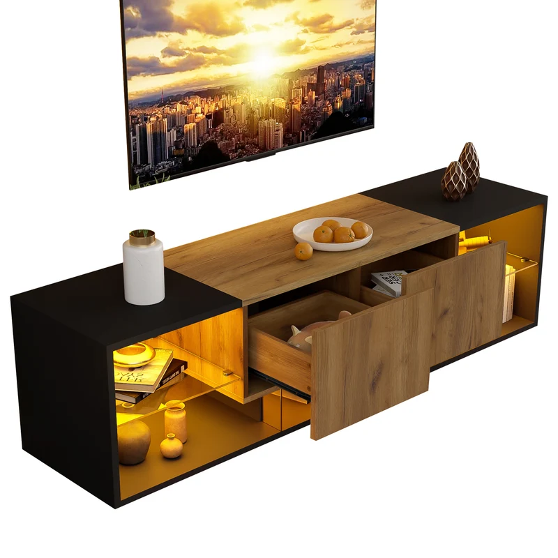 Meuble TV effet bois et noir avec éclairage LED, plateau en verre 160x40x42cm CYCLOID